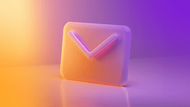 A stylized 3D email envelope icon with soft orange and purple lighting.
