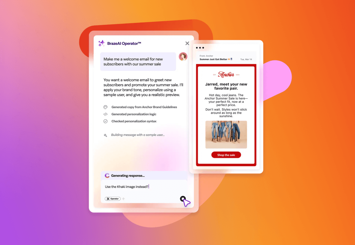 Braze AI Operator generating a summer sale email, shown with a mobile preview of the 'Anchor' brand email featuring jeans.