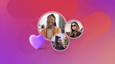 A purple 3D heart connected by dashed lines to three circular profile pictures of diverse individuals.