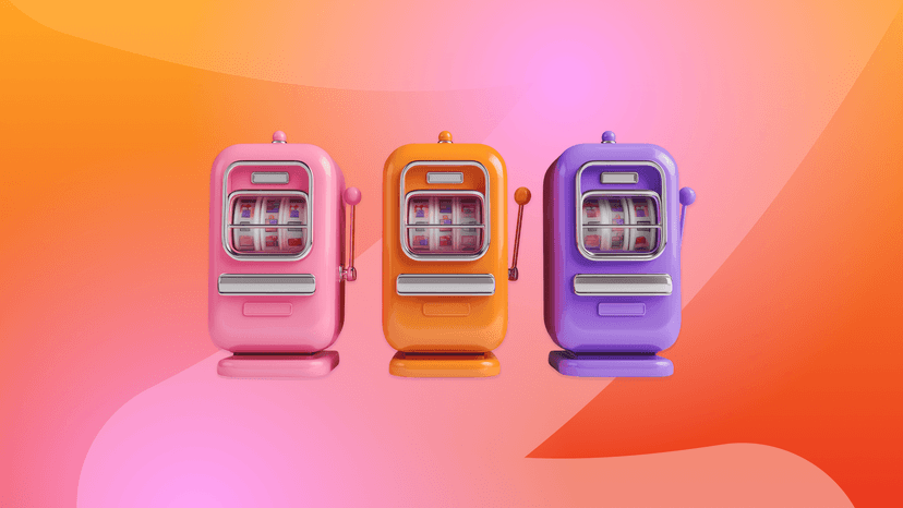 Three 3D slot machines in pink, orange, and purple on a vibrant gradient background.