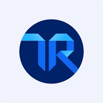 a blue logo with the letter r in a circle