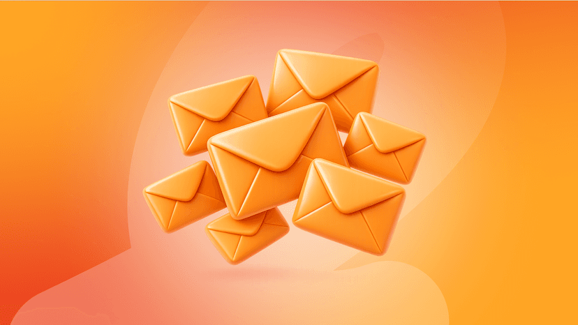 A group of 3D orange envelope icons floating on an orange gradient background.