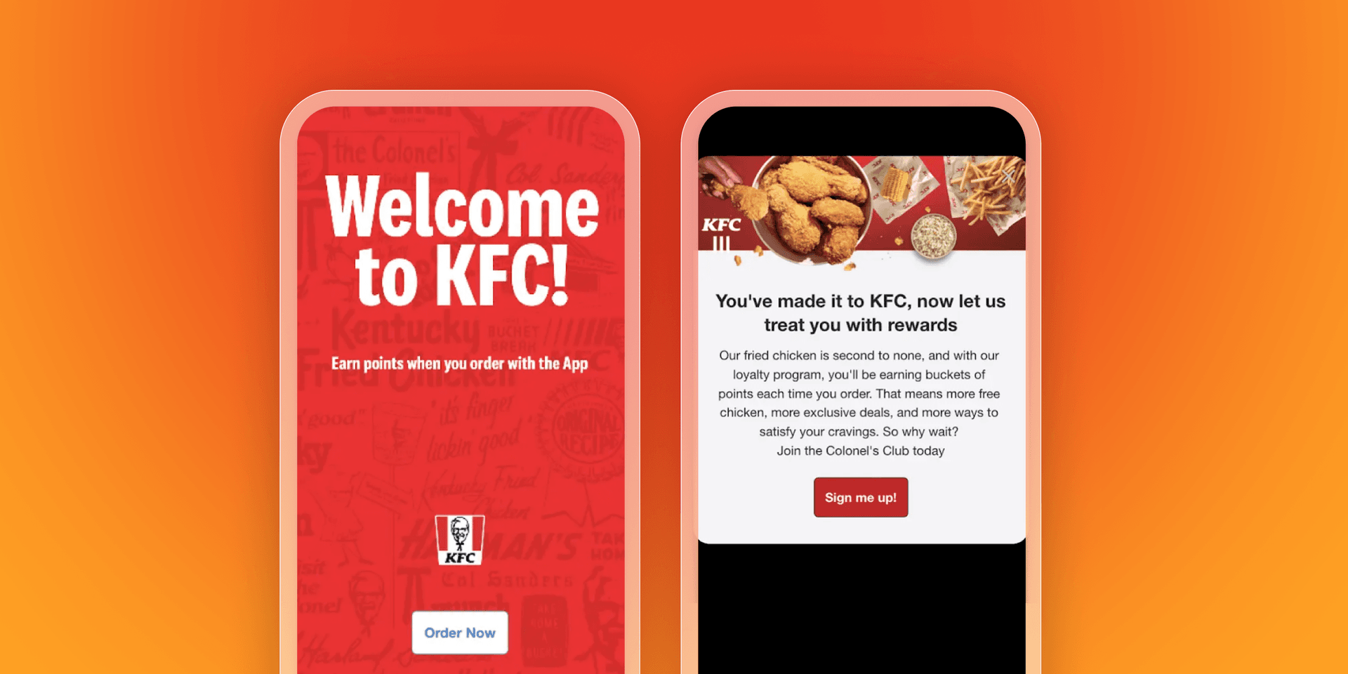 Two mobile phone screens displaying KFC app content: a welcome message to earn points and a rewards program enrollment page.