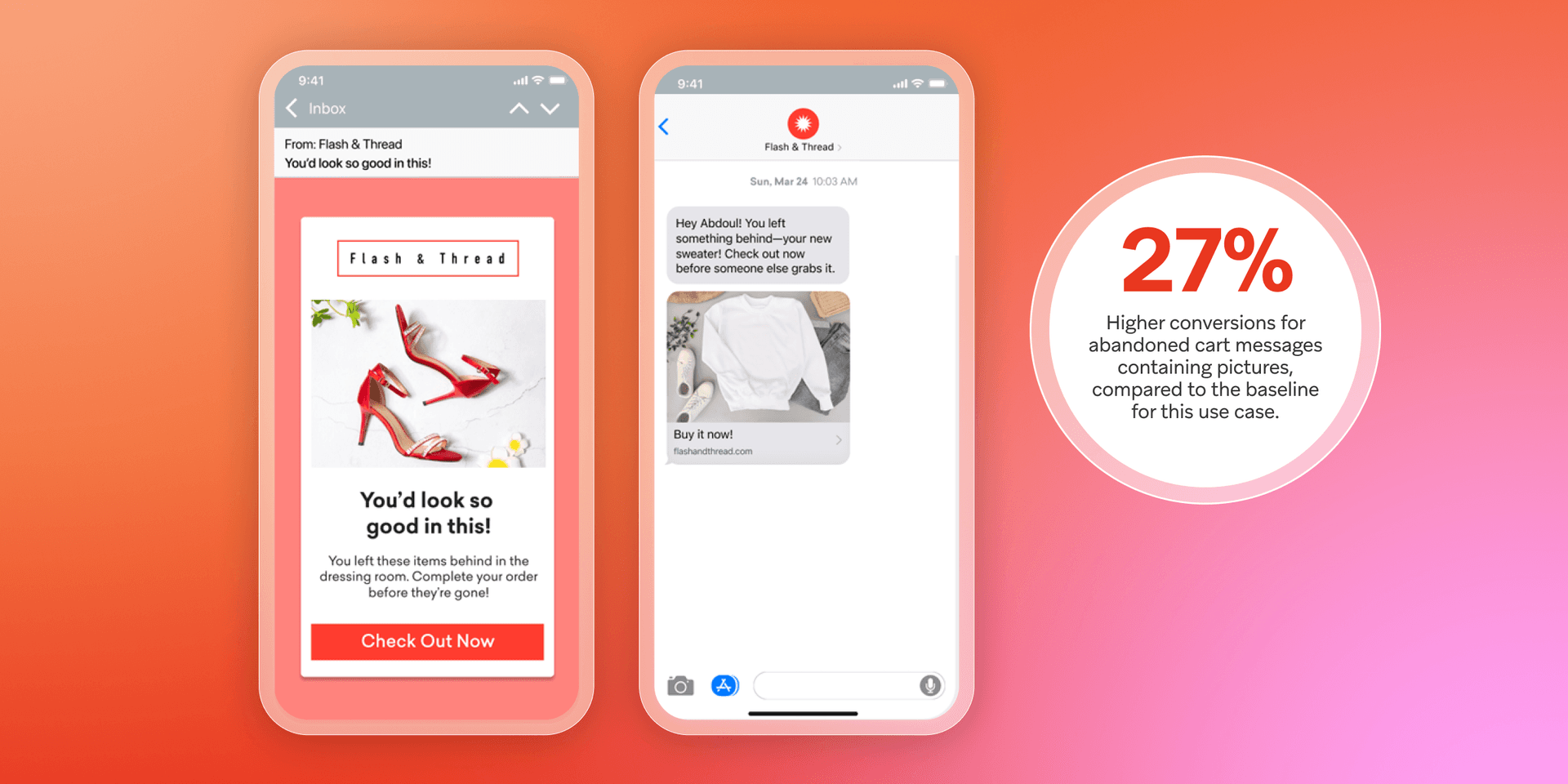 Two phones showing an abandoned cart message