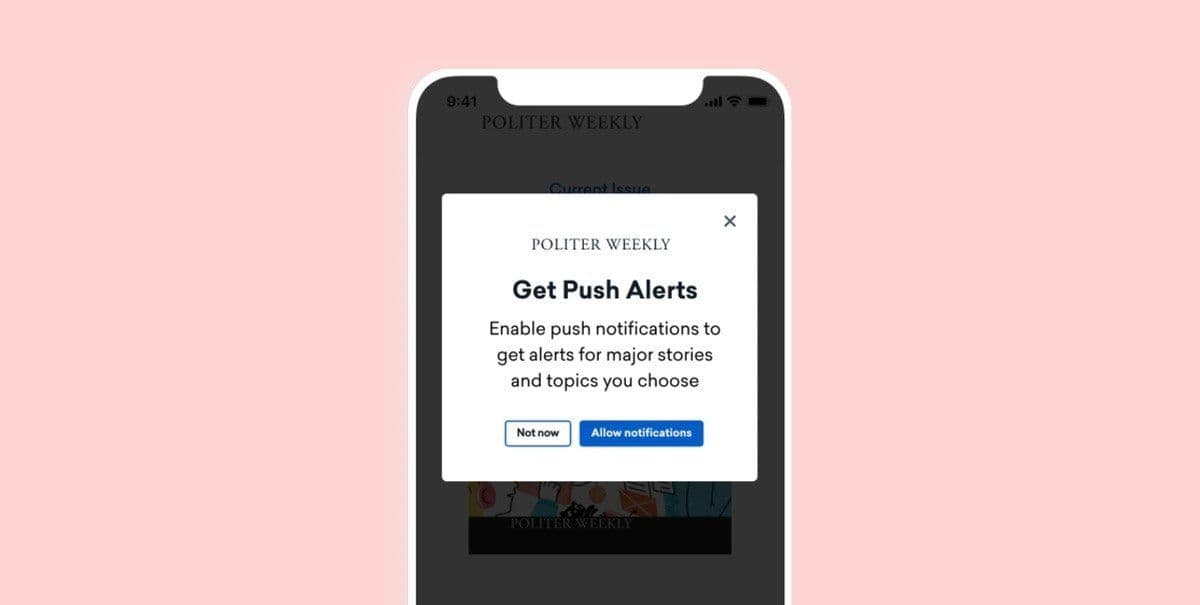 a phone with a popup on the screen that says `` get push alerts '' .