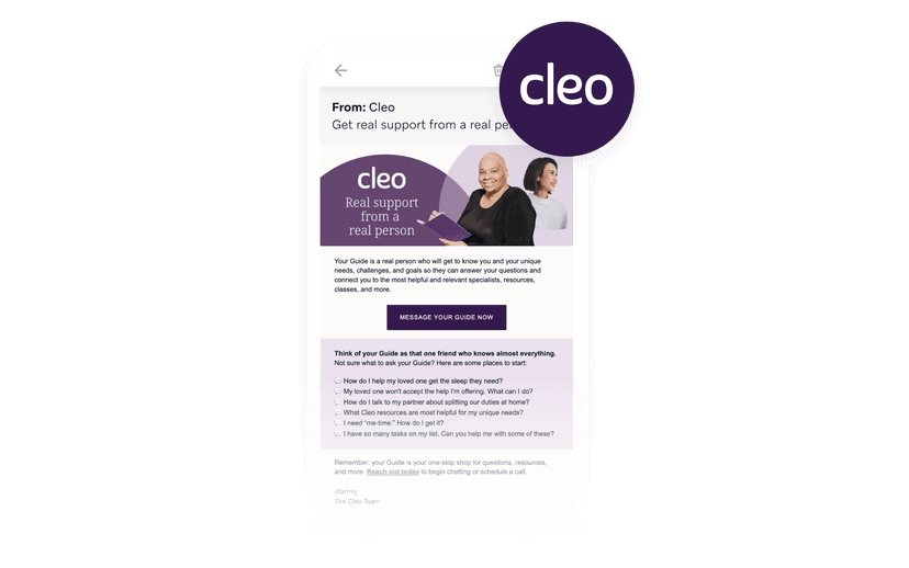 A mobile phone displays an email from Cleo titled 'Get real support from a real person,' featuring a woman with a book, partially obscured by a circular Cleo logo.