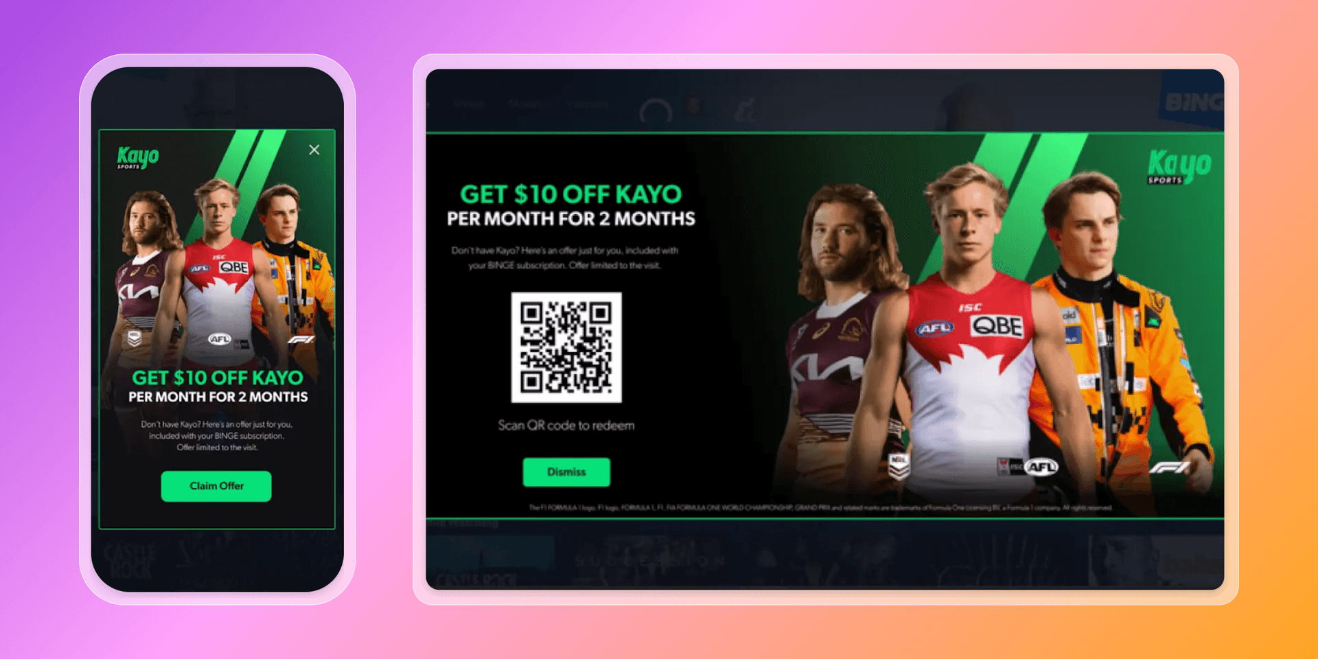 Kayo Sports advertisement offering $10 off per month for 2 months, displayed on mobile and desktop screens with three male athletes.