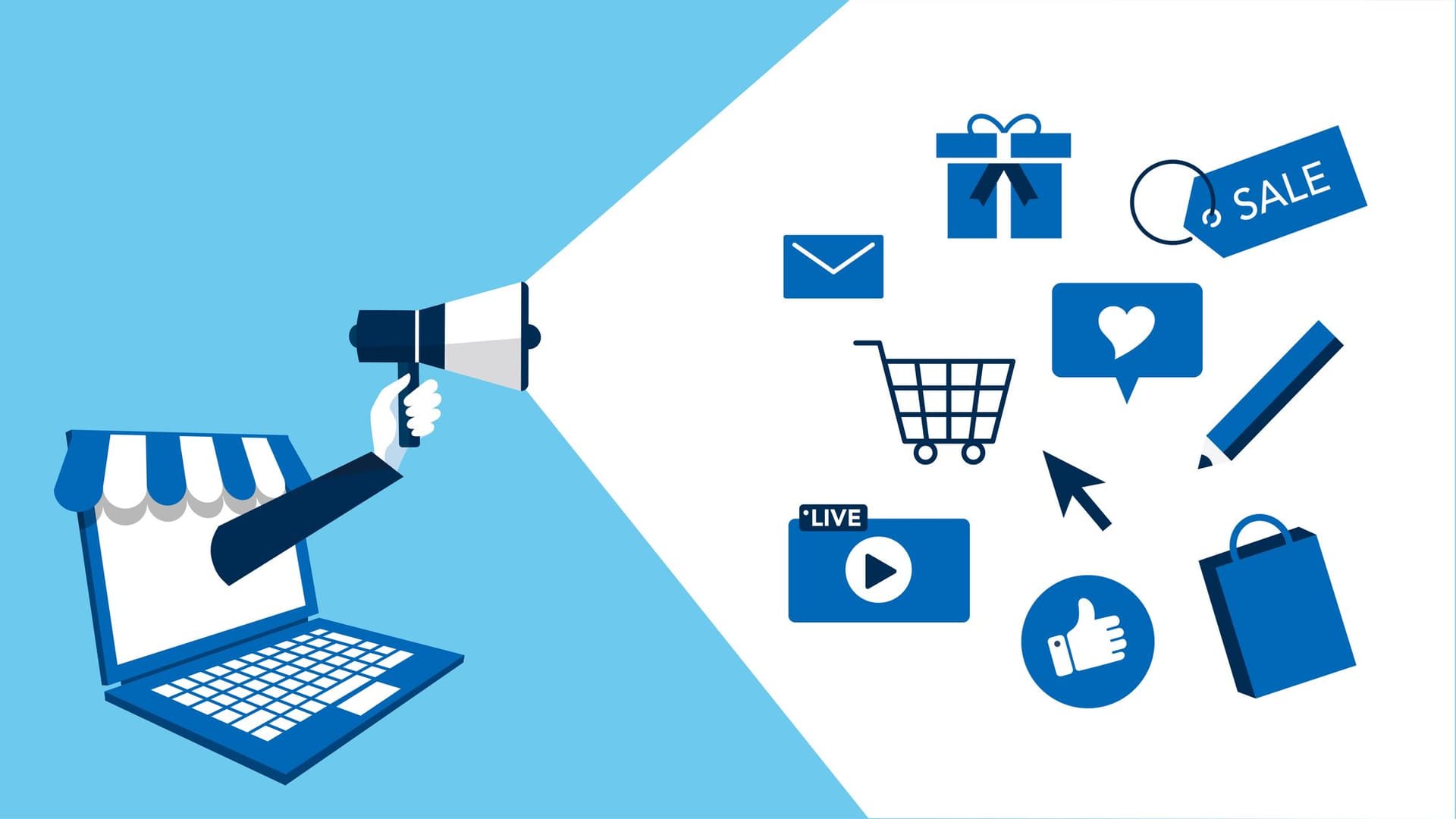 a hand is holding a megaphone in front of a laptop computer .