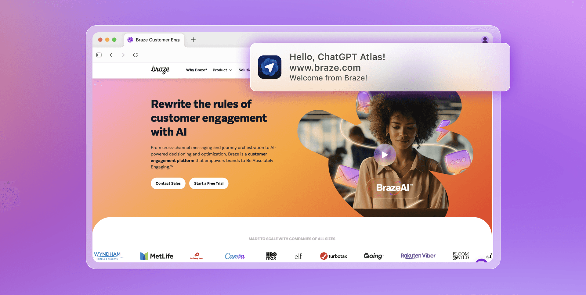 A web browser displays the Braze website with the headline "Rewrite the rules of customer engagement with AI" and a notification "Hello, ChatGPT Atlas! Welcome from Braze!".