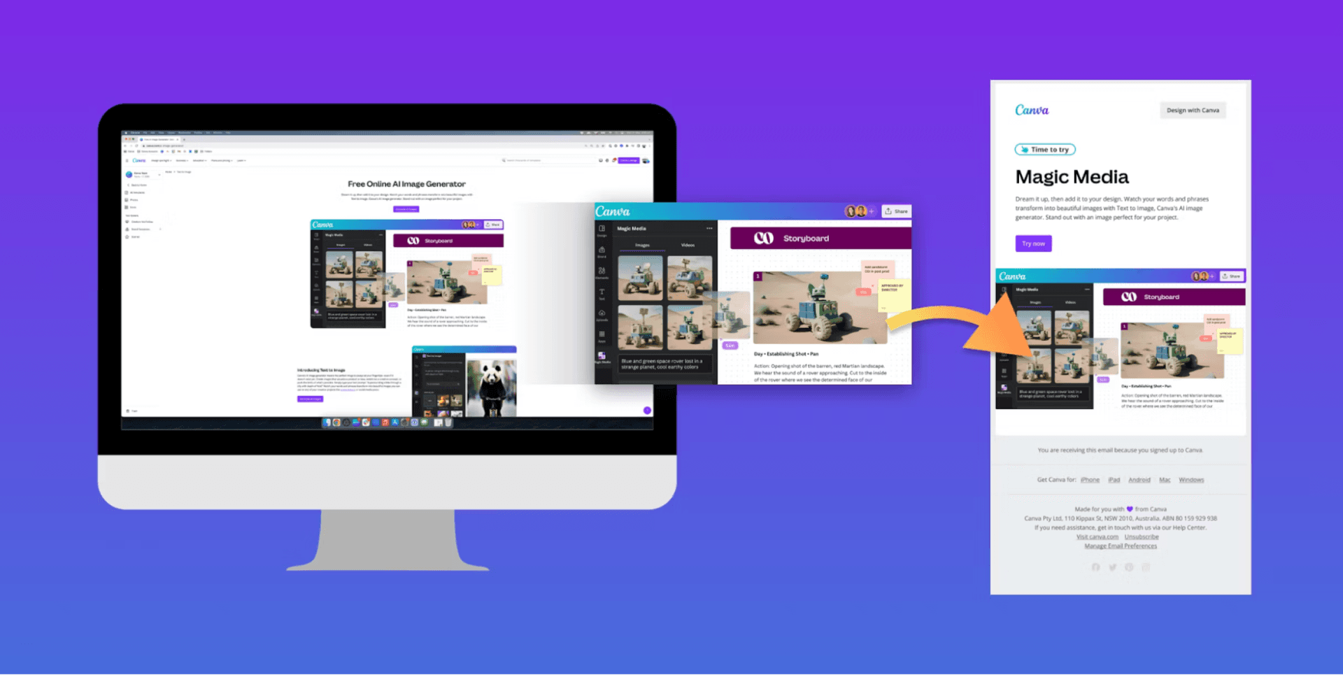uma tela de computador mostrando a plataforma Canva e uma seta apontando para um e-mail com a mesma imagem da plataforma