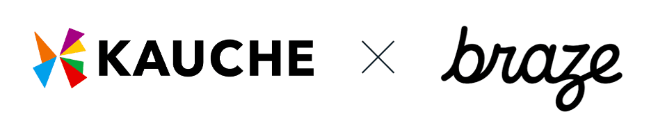 a kauche x braze logo with a colorful arrow