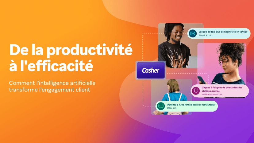 Graphic with French text about AI transforming customer engagement, alongside diverse people receiving personalized loyalty rewards via their devices.
