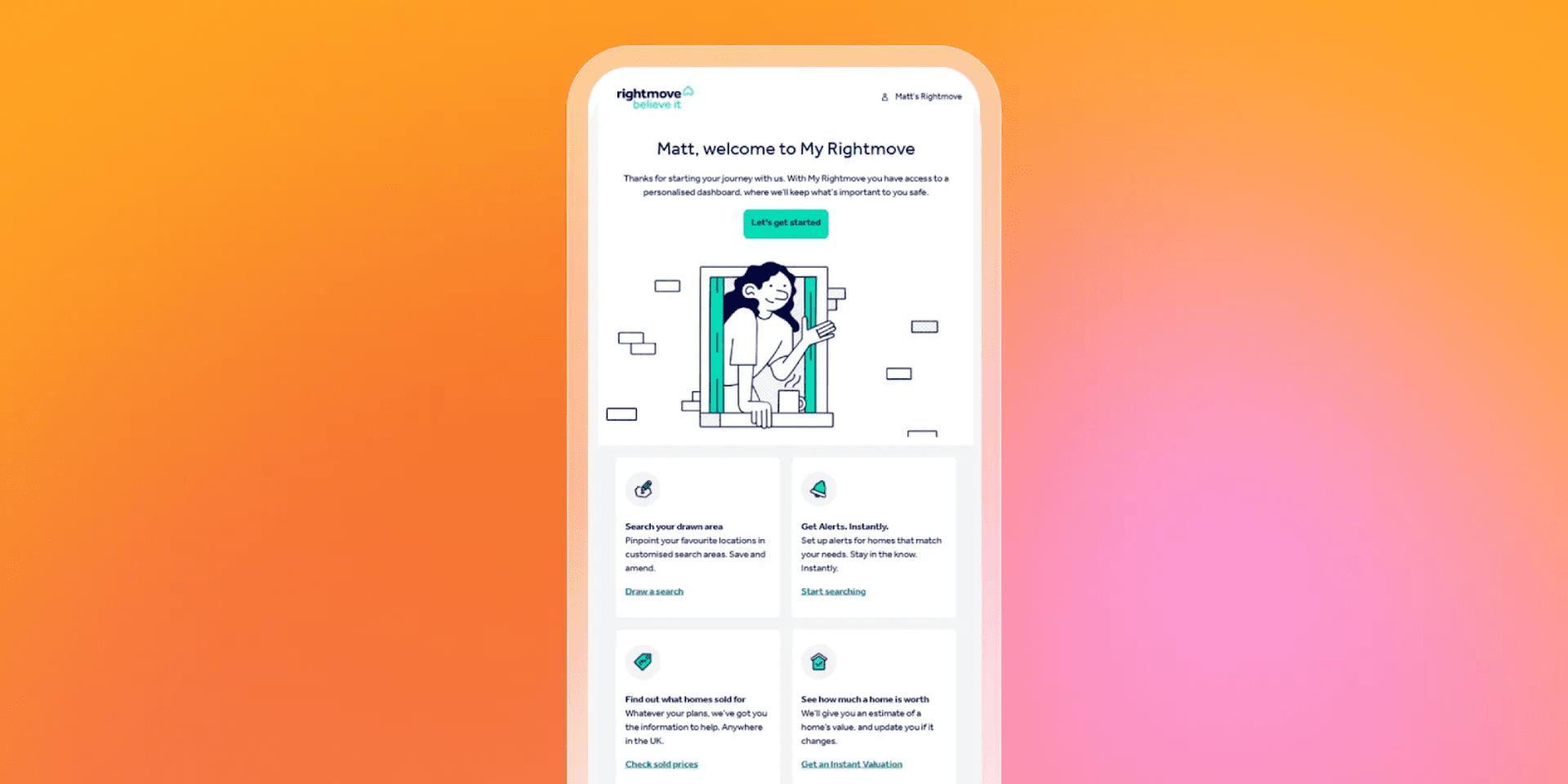 Rightmove app welcome screen on a smartphone, featuring an illustration of a person and sections for home search, alerts, and valuations.