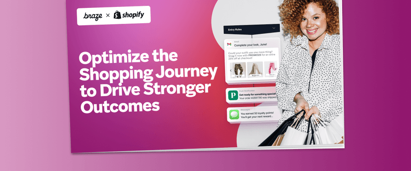 an advertisement for braze x shopify shows a woman holding shopping bags