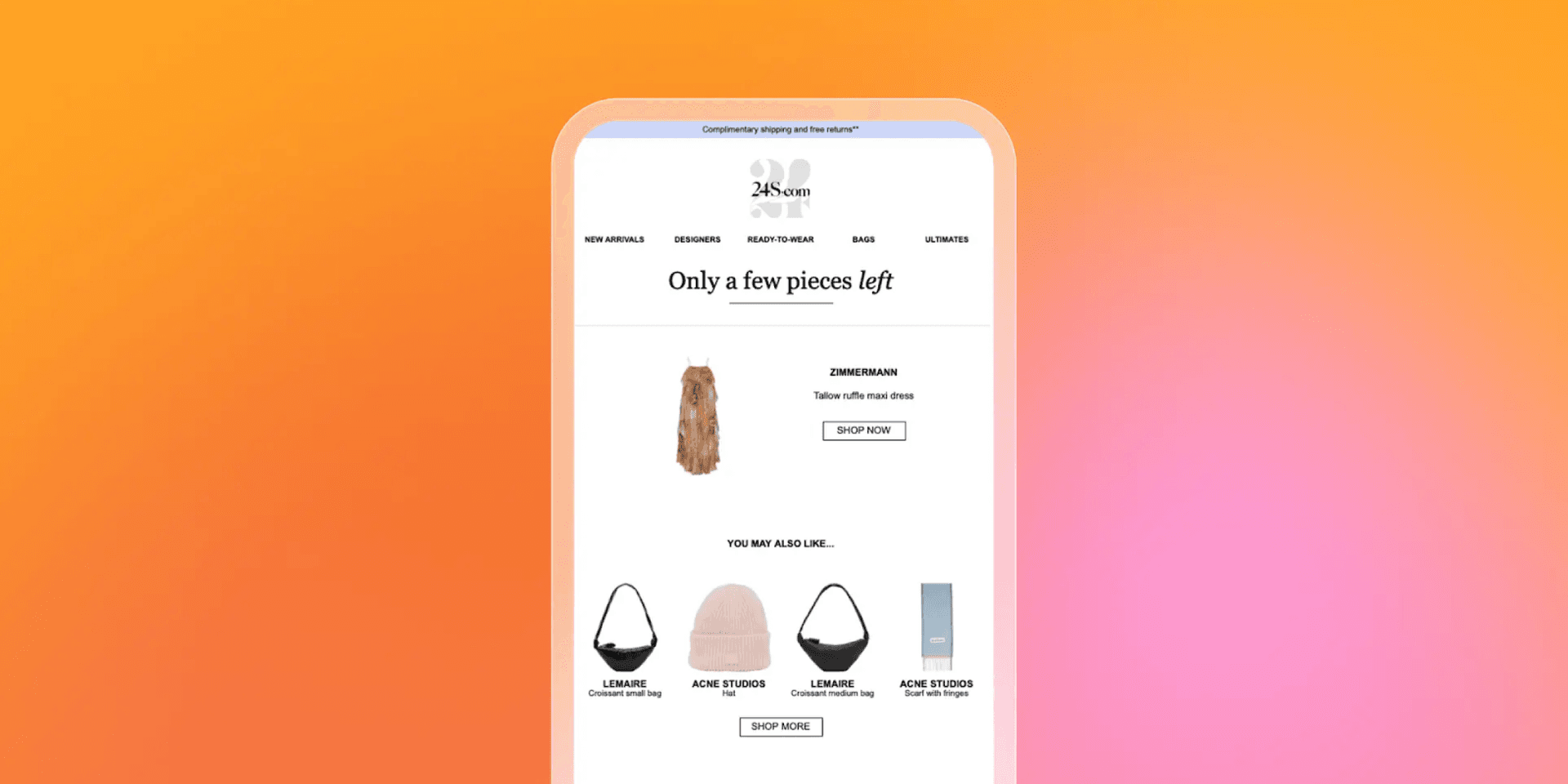 Smartphone displaying a shopping app with fashion items and a "Only a few pieces left" alert.