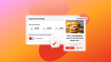 A UI displaying experiment settings, an enabled 'Winning Path', and a 'Winning Variant' pop-up showing burgers and a personalized discount offer.