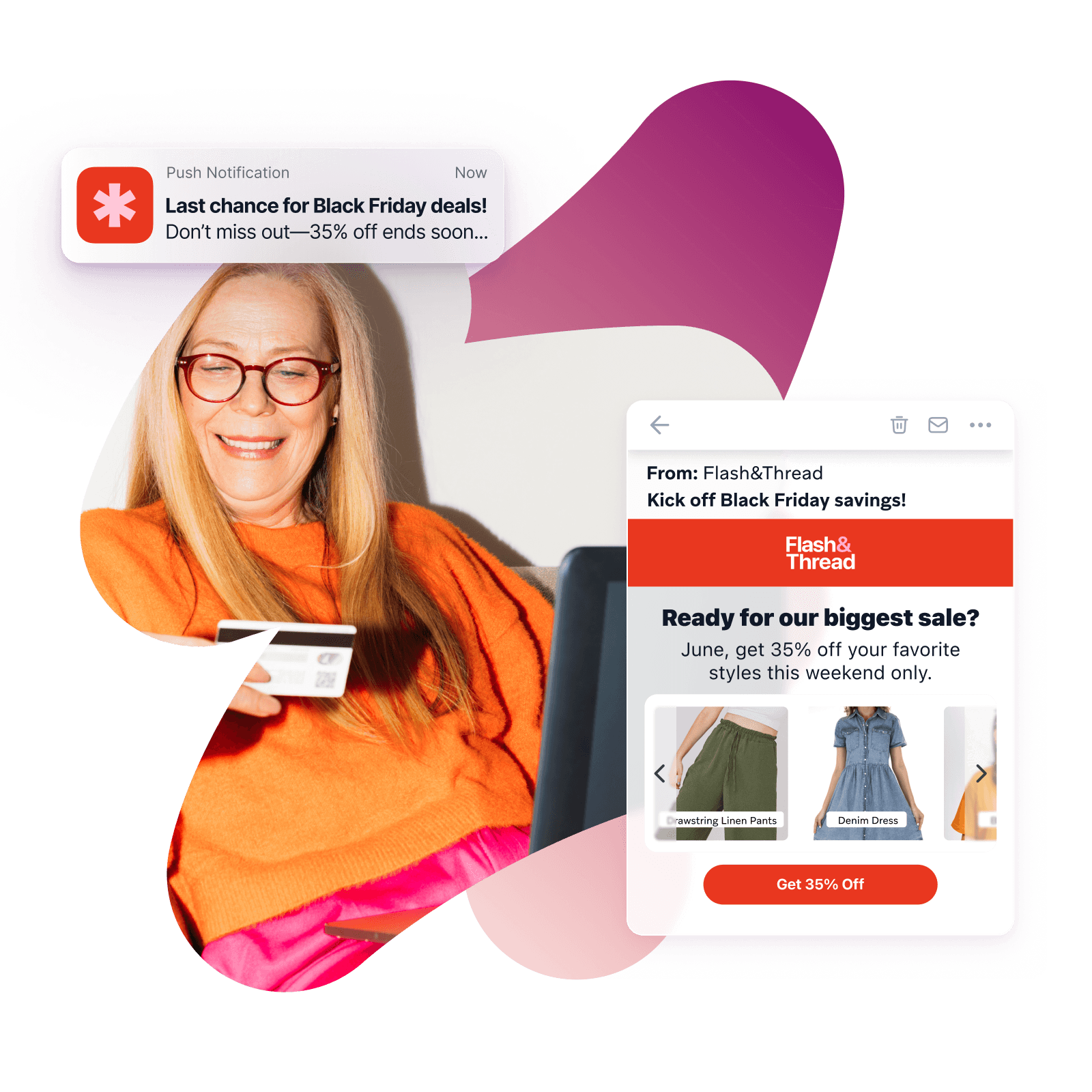 a woman holding a credit card next to a phone that says ready for our biggest sale