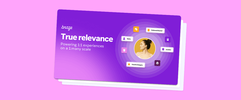 A purple graphic titled "Braze True relevance" showing a woman's profile surrounded by personalized data icons like name, location, and preferences.