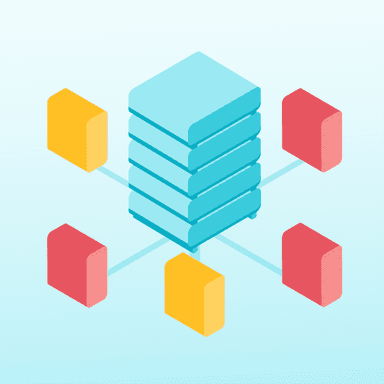 an isometric illustration of a server surrounded by red and yellow cubes