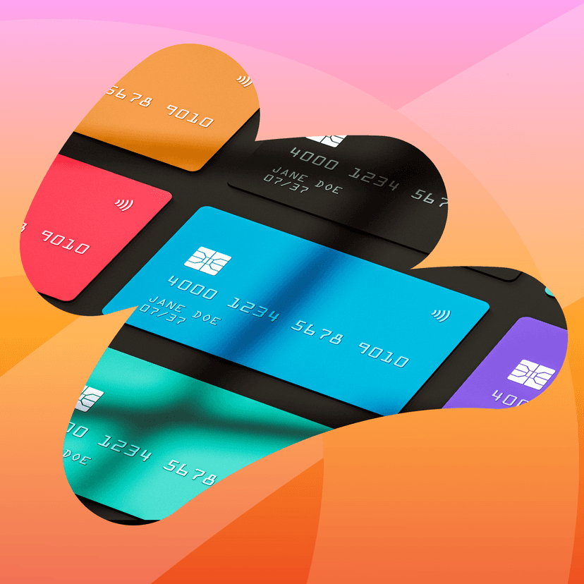 Colorful credit cards inside of a squiggle
