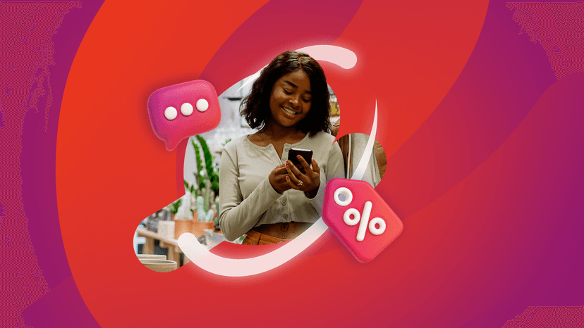 Smiling woman using phone with 3D chat bubble and discount tag icons on a red and purple background.
