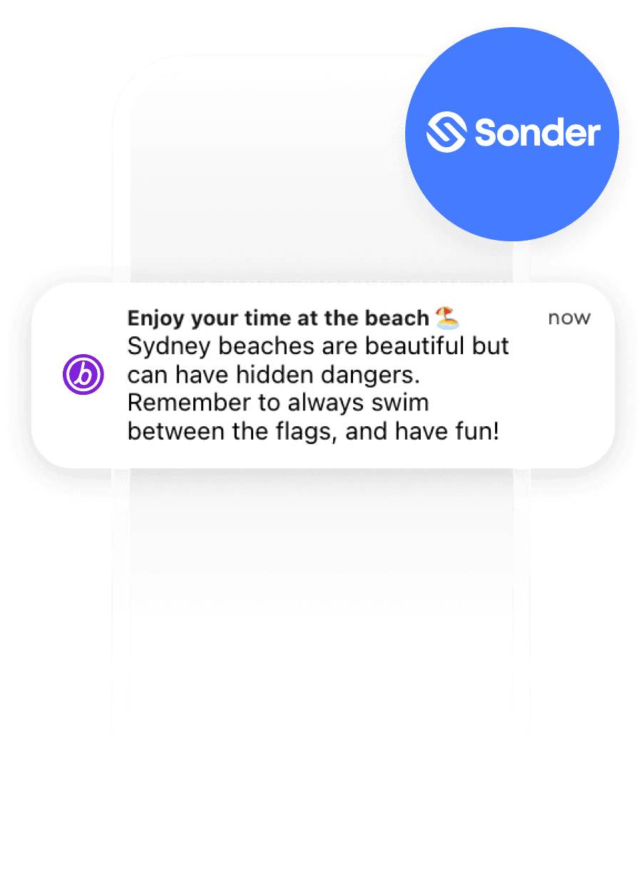 A Sonder notification about Sydney beach safety, advising to swim between the flags.