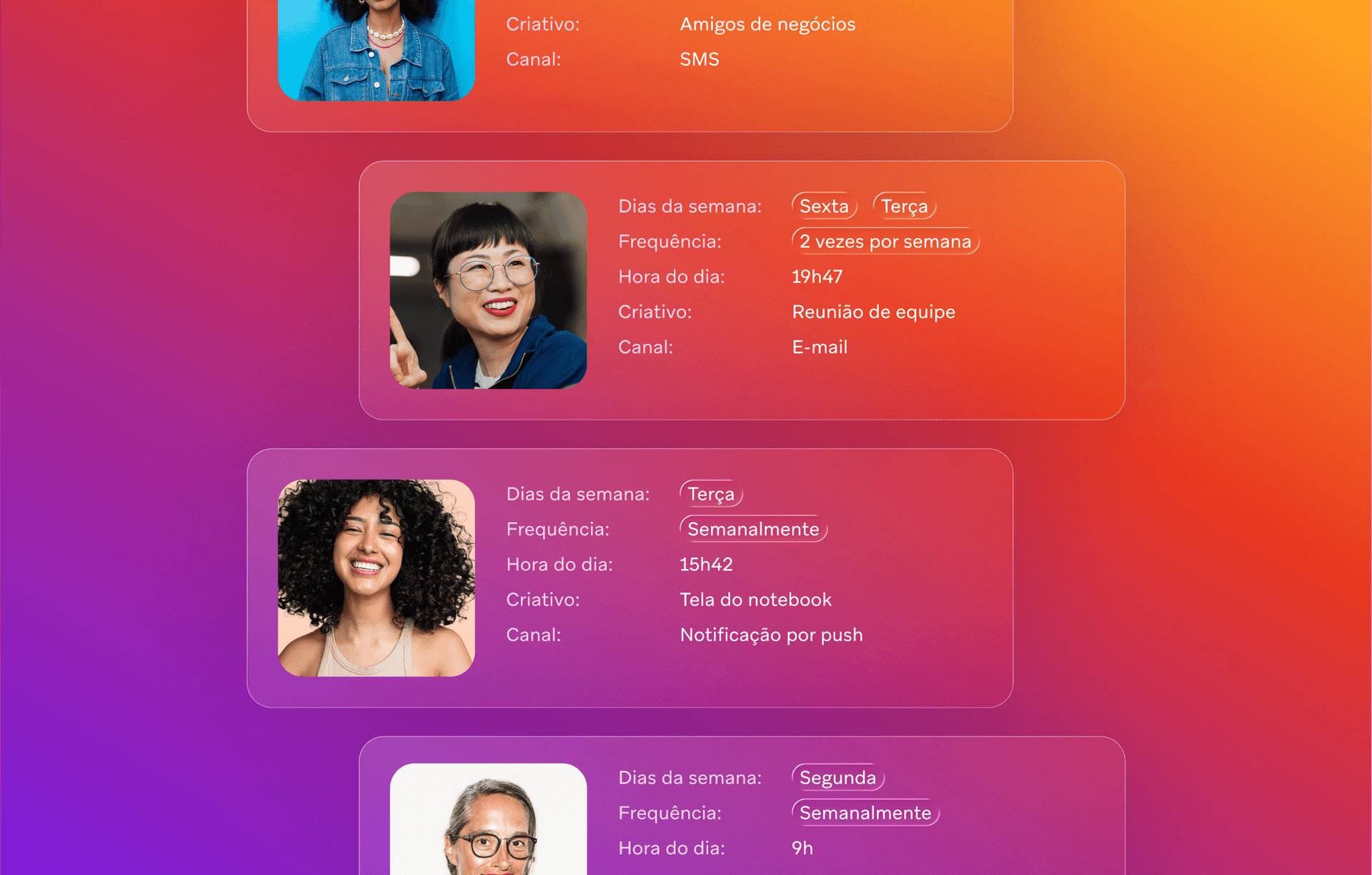 User interface with multiple translucent cards, each displaying a profile photo and communication or scheduling settings, on a colorful gradient background.