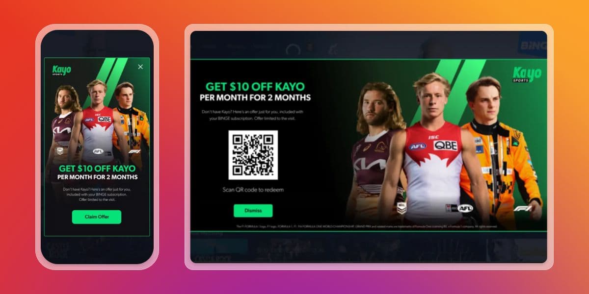A Kayo Sports pop-up ad offering $10 off per month for 2 months, featuring three athletes (AFL and F1), shown on mobile and desktop.