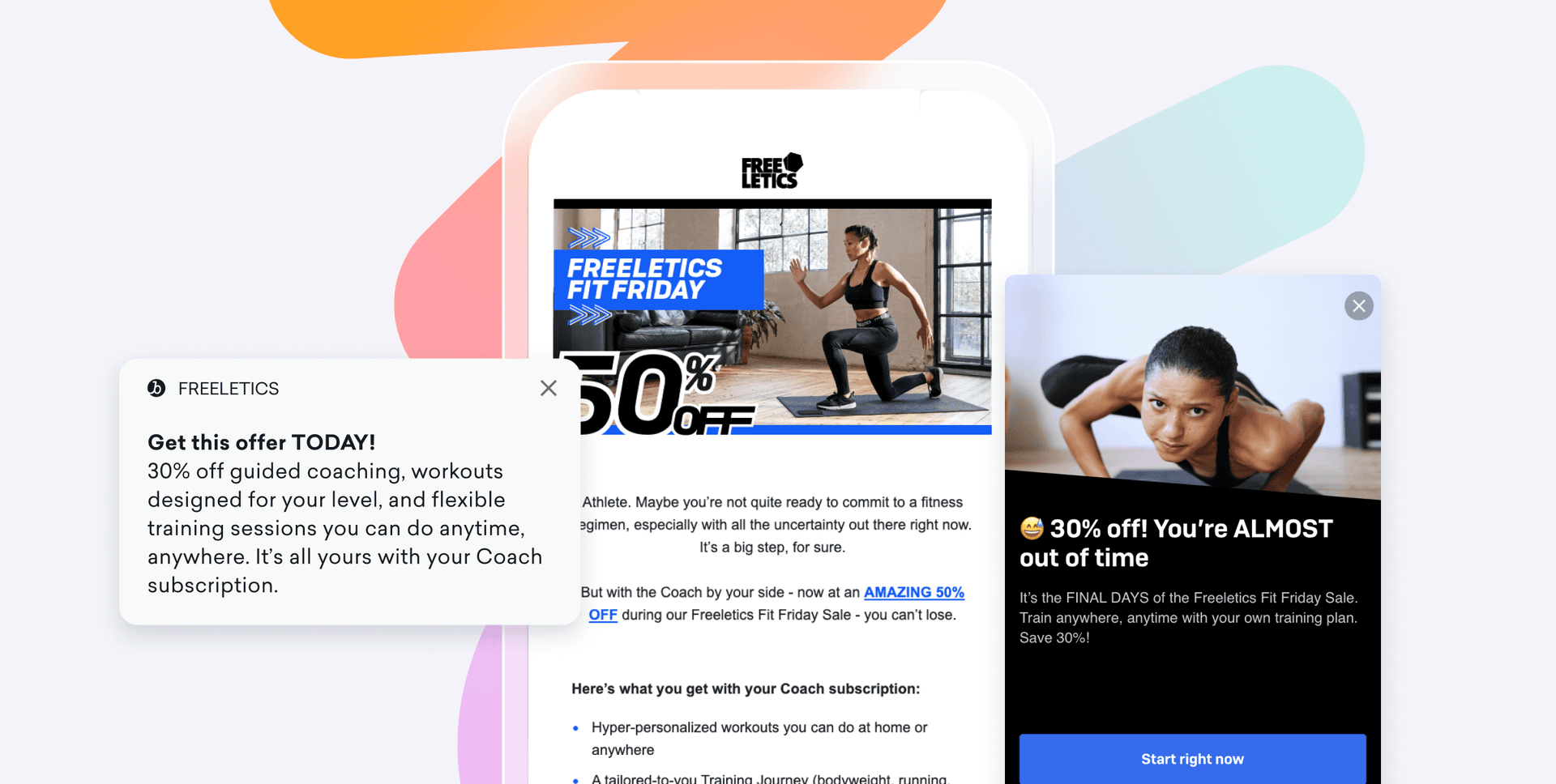 une image montrant un e-mail de Freeletics avec une image d’utilisatrice en plein entraînement