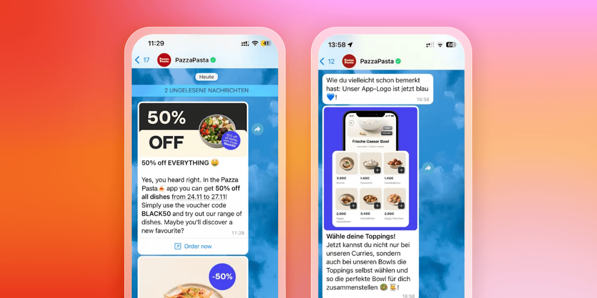 a screenshot of a pizza pasta app on a phone