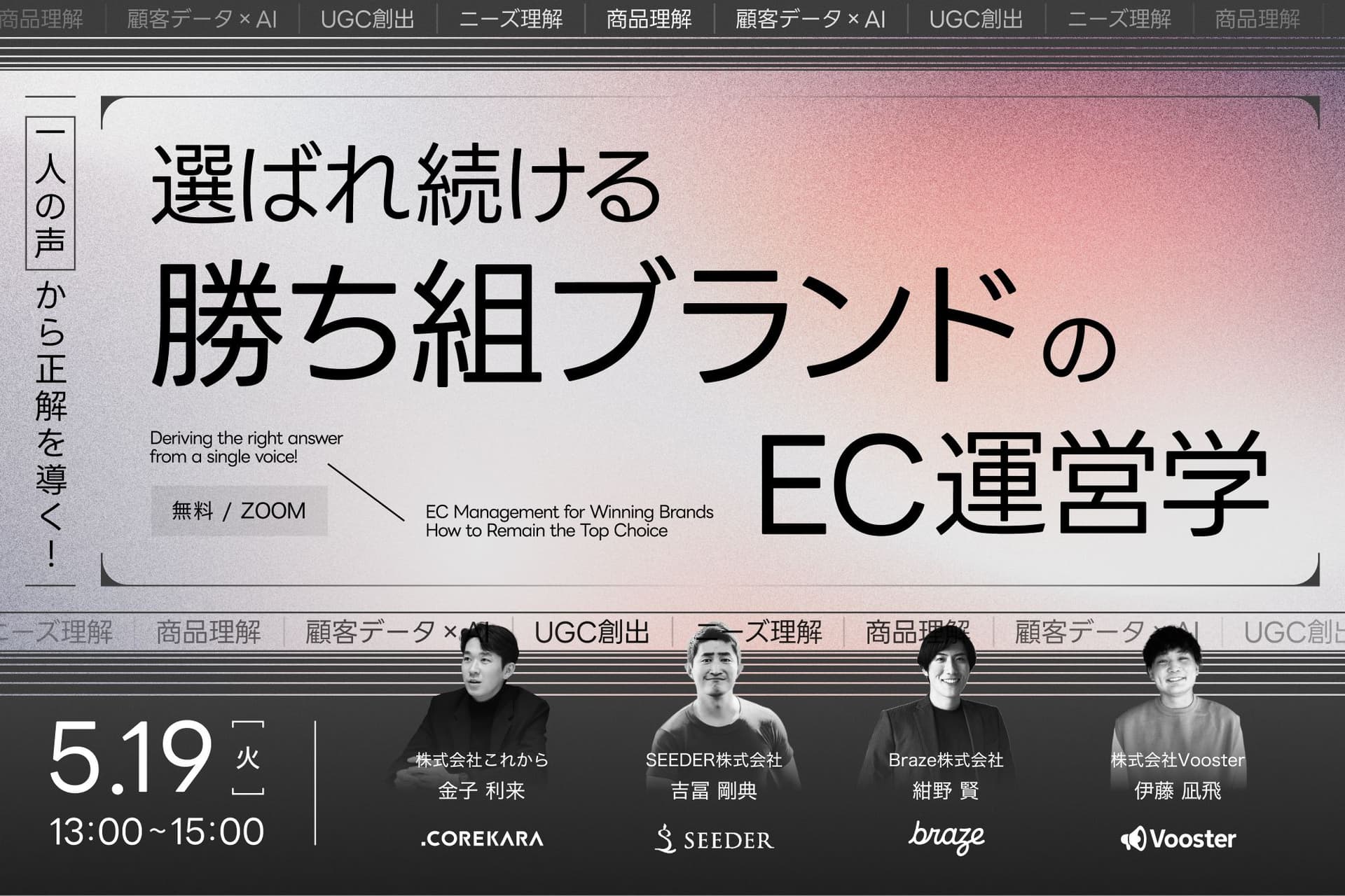 \“一人の声”から正解を導く!/ 選ばれ続ける“勝ち組ブランド”のEC運営学 ~真のニーズの理解から商品開発・AI活用・UGC創出まで~のサムネイルで四人の登壇者がのっている