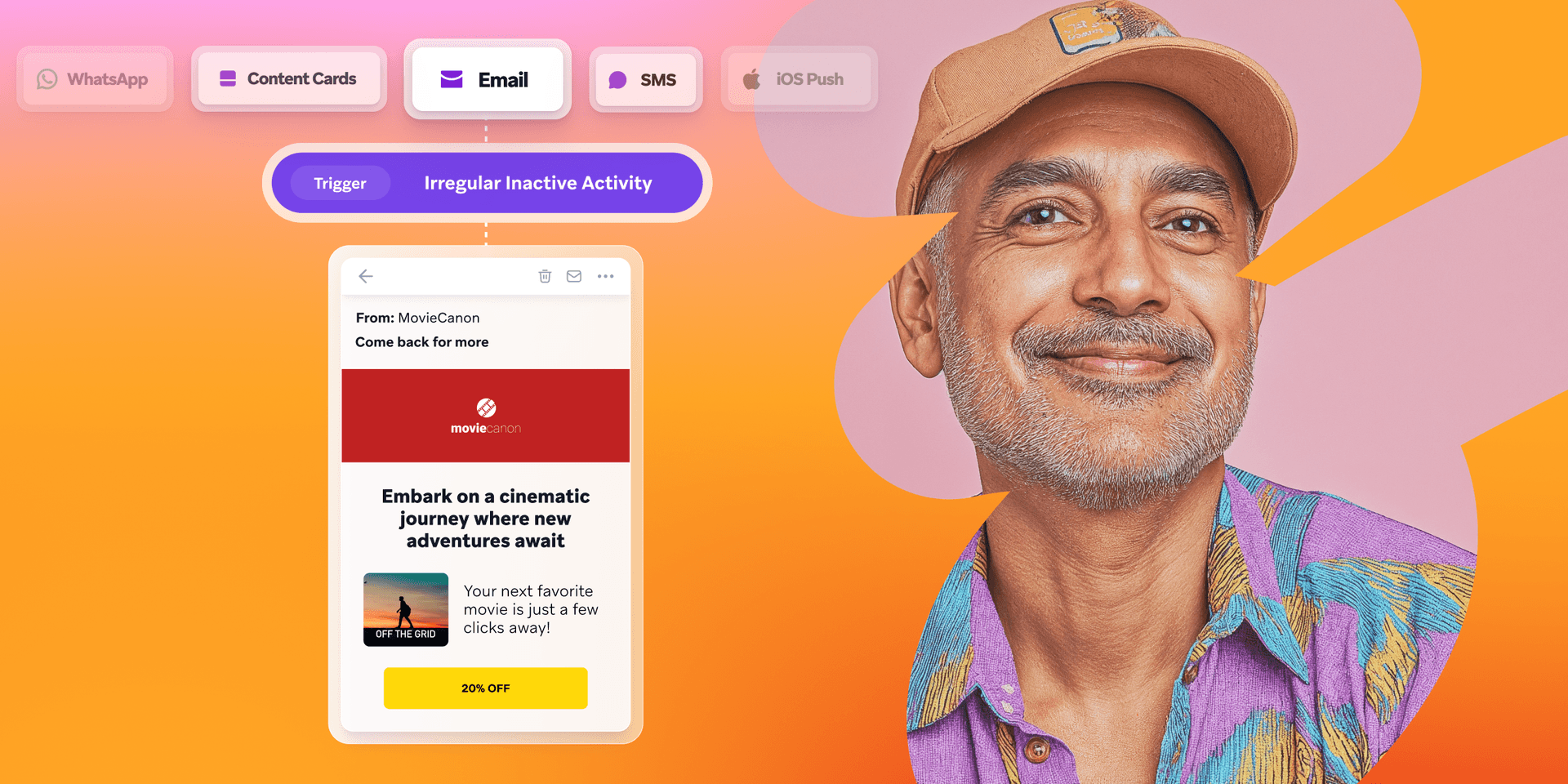 a man with a beard is smiling in front of a screen that says embark on a cinematic journey