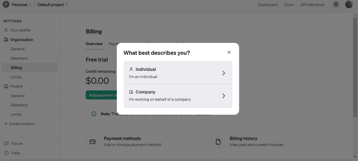 a popup window asks what best describes you