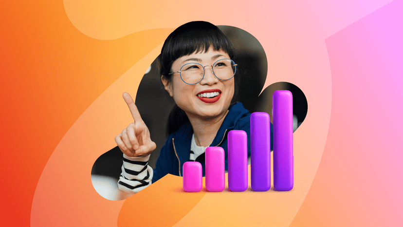 Smiling woman with glasses points up alongside an increasing pink and purple bar chart.