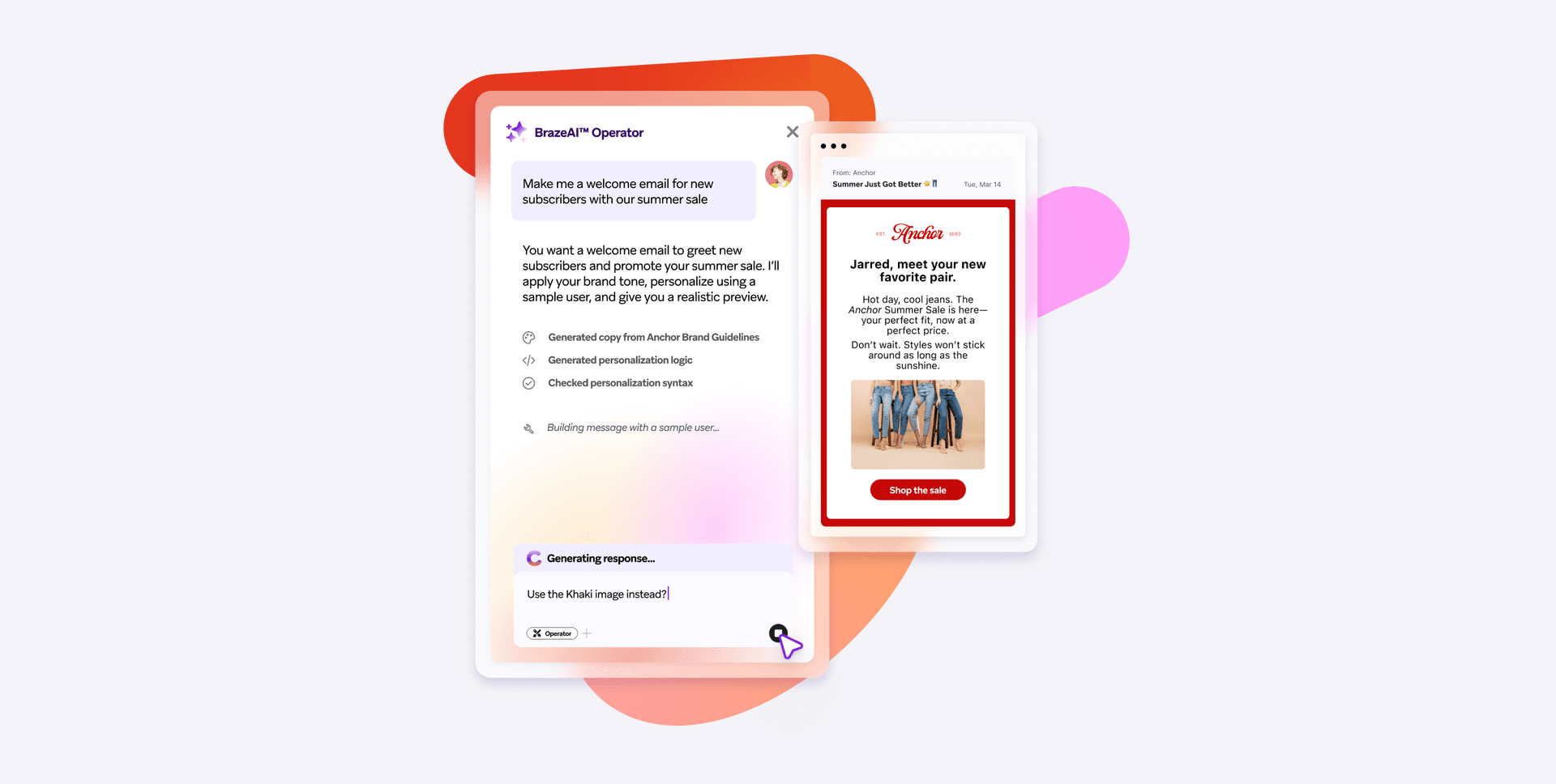 BrandAI Operator chatbot generating a personalized summer sale email, with a preview of the email on an adjacent screen.