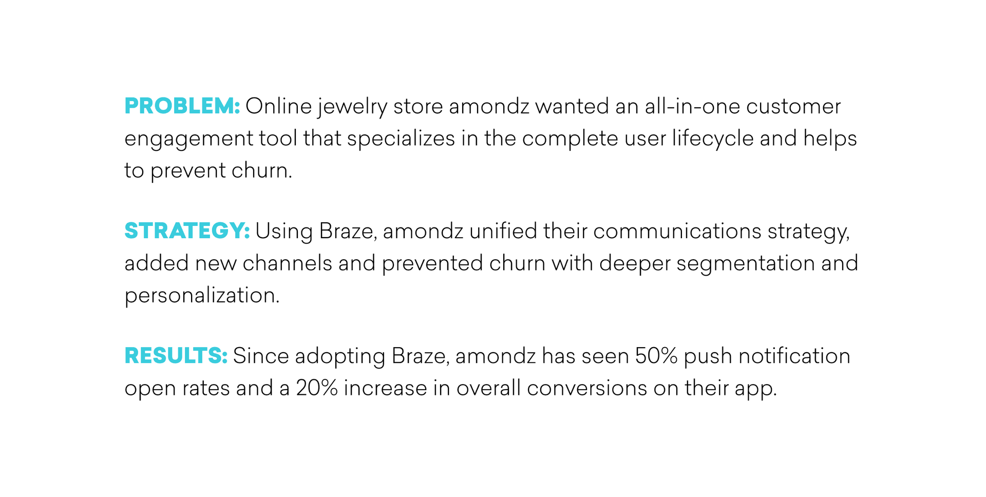 a white background with blue text that says problem online jewelry store amondz wanted an all-in-one customer engagement tool