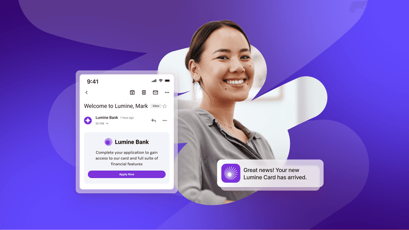 A smiling woman next to a smartphone showing a Lumîne Bank application email and a notification for a new Lumîne Card.