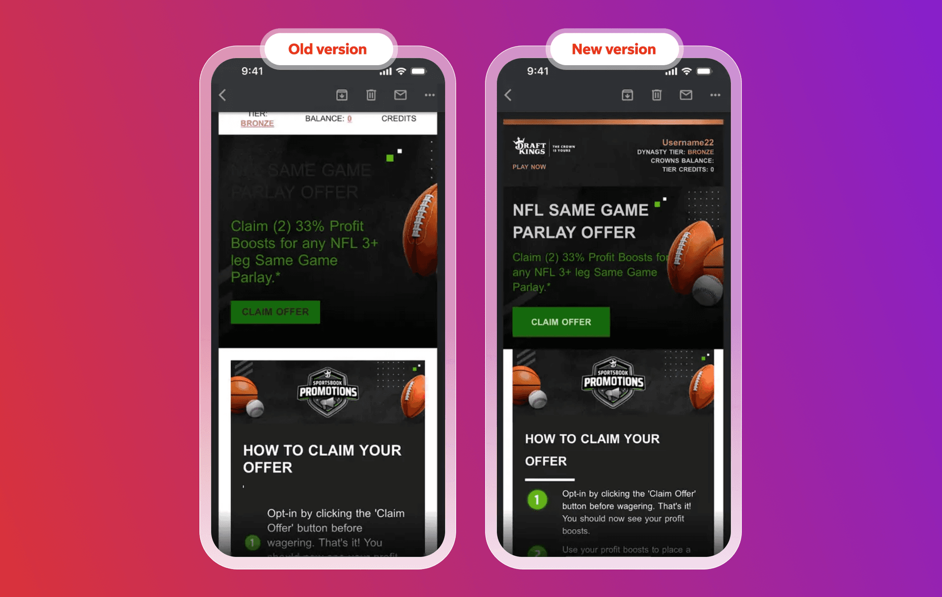 Old and new versions of a DraftKings mobile app screen displaying an NFL Same Game Parlay Offer, with the new version featuring updated branding and user account details.