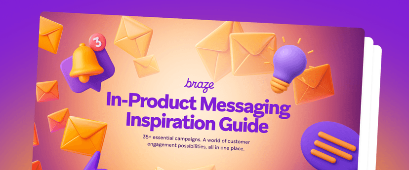Braze In-Product Messaging Inspiration Guide cover featuring 3D mail, notification bell, and lightbulb icons.