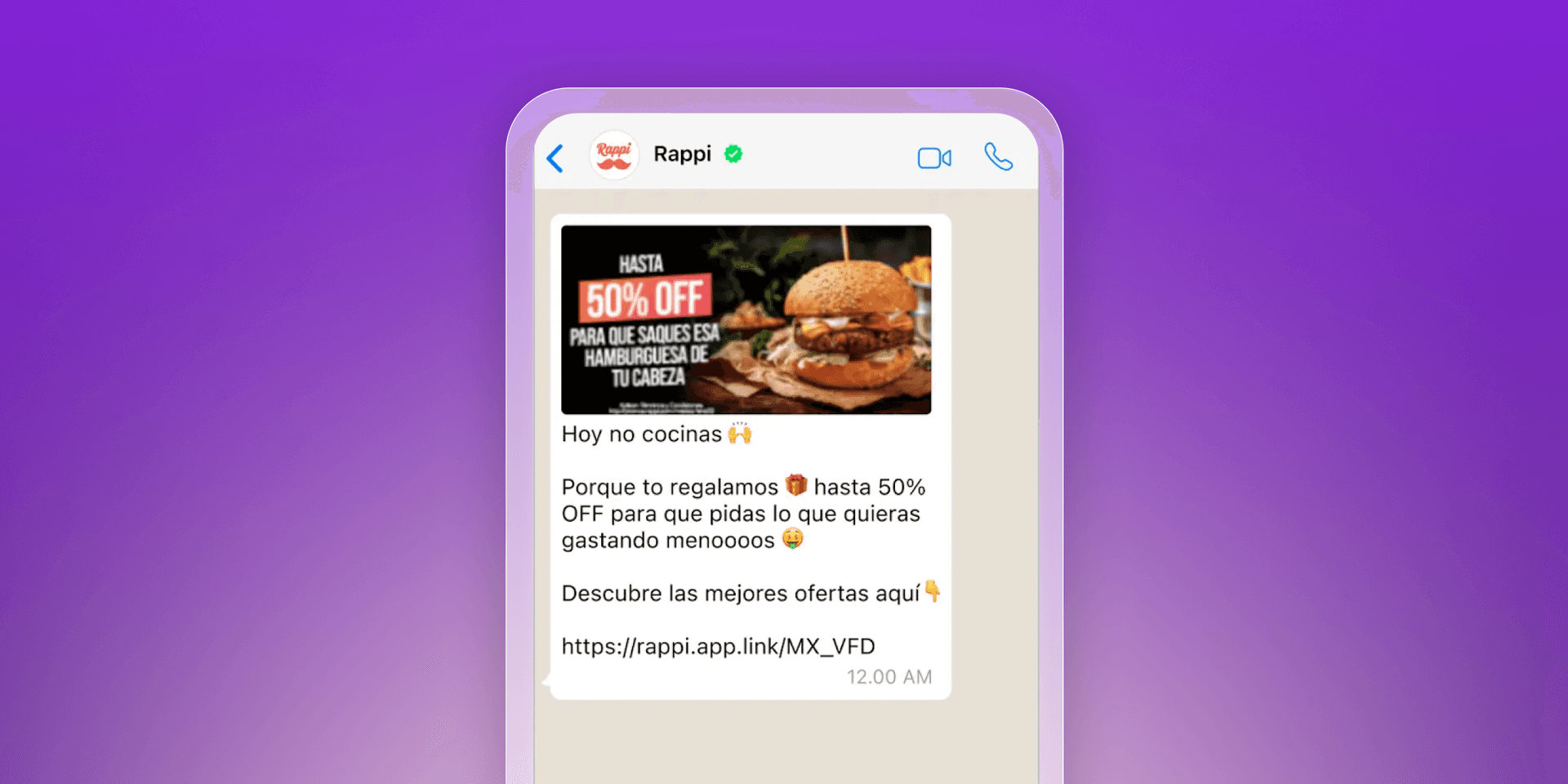 A smartphone screen shows a Rappi WhatsApp message with a burger and a "50% OFF" promotion.