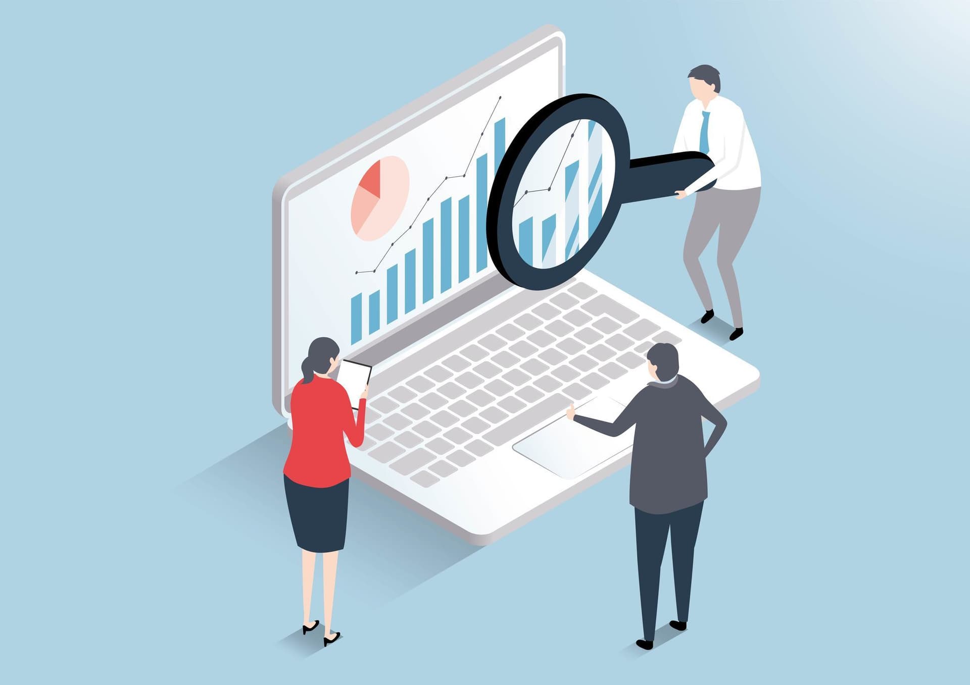 a man and a woman are looking at a laptop with a magnifying glass .