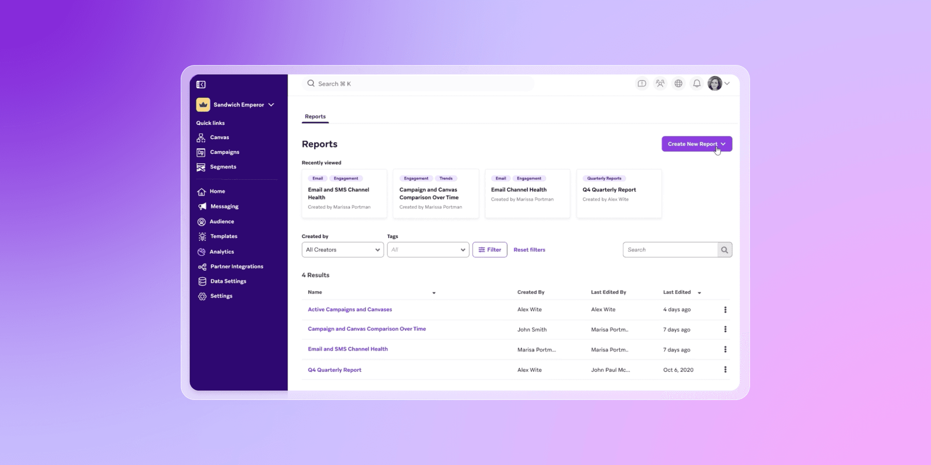 a screenshot of the reports page of a website