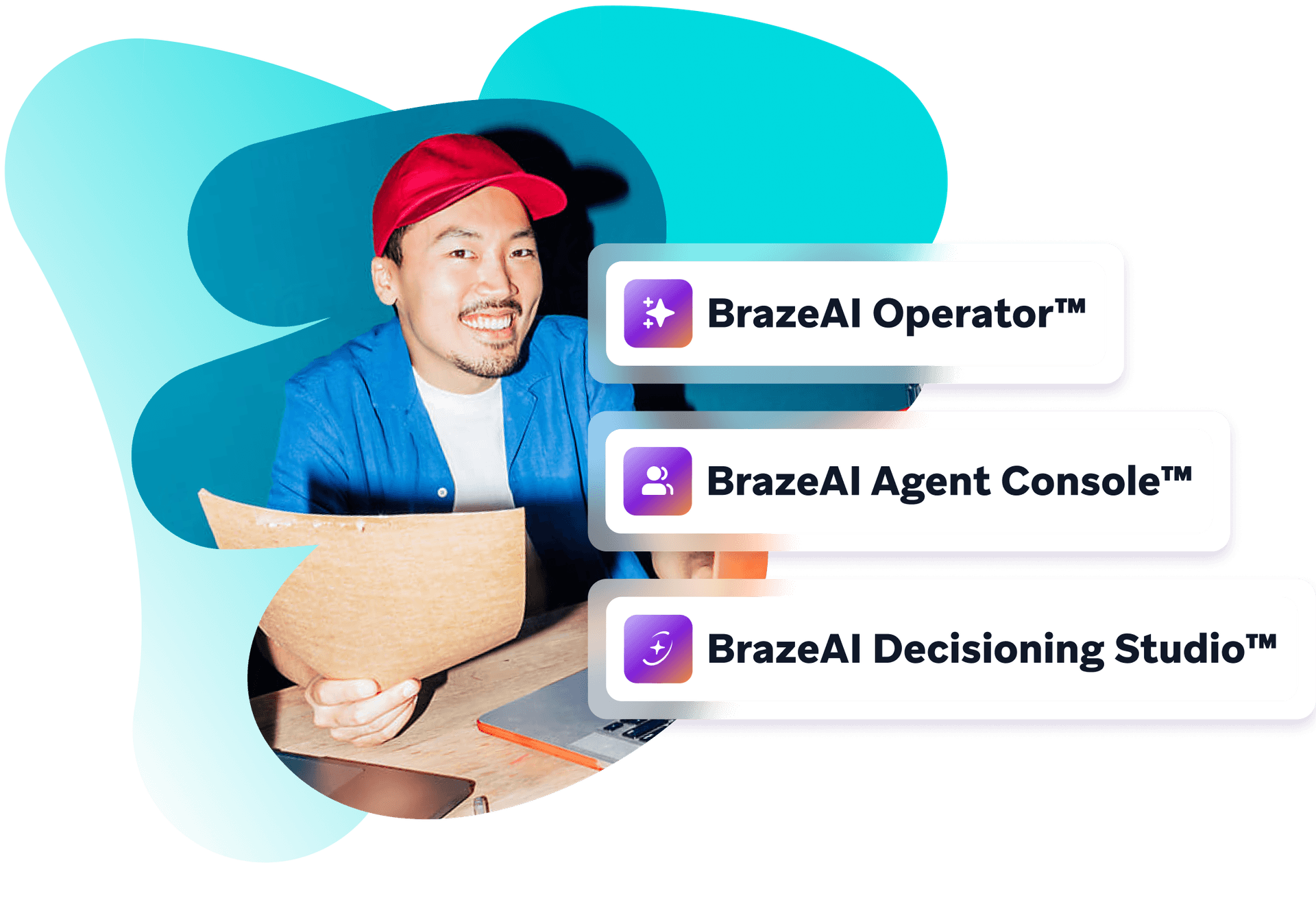 Smiling man holding a cardboard house next to three labels: BrazeAI Operator™, BrazeAI Agent Console™, and BrazeAI Decisioning Studio™.