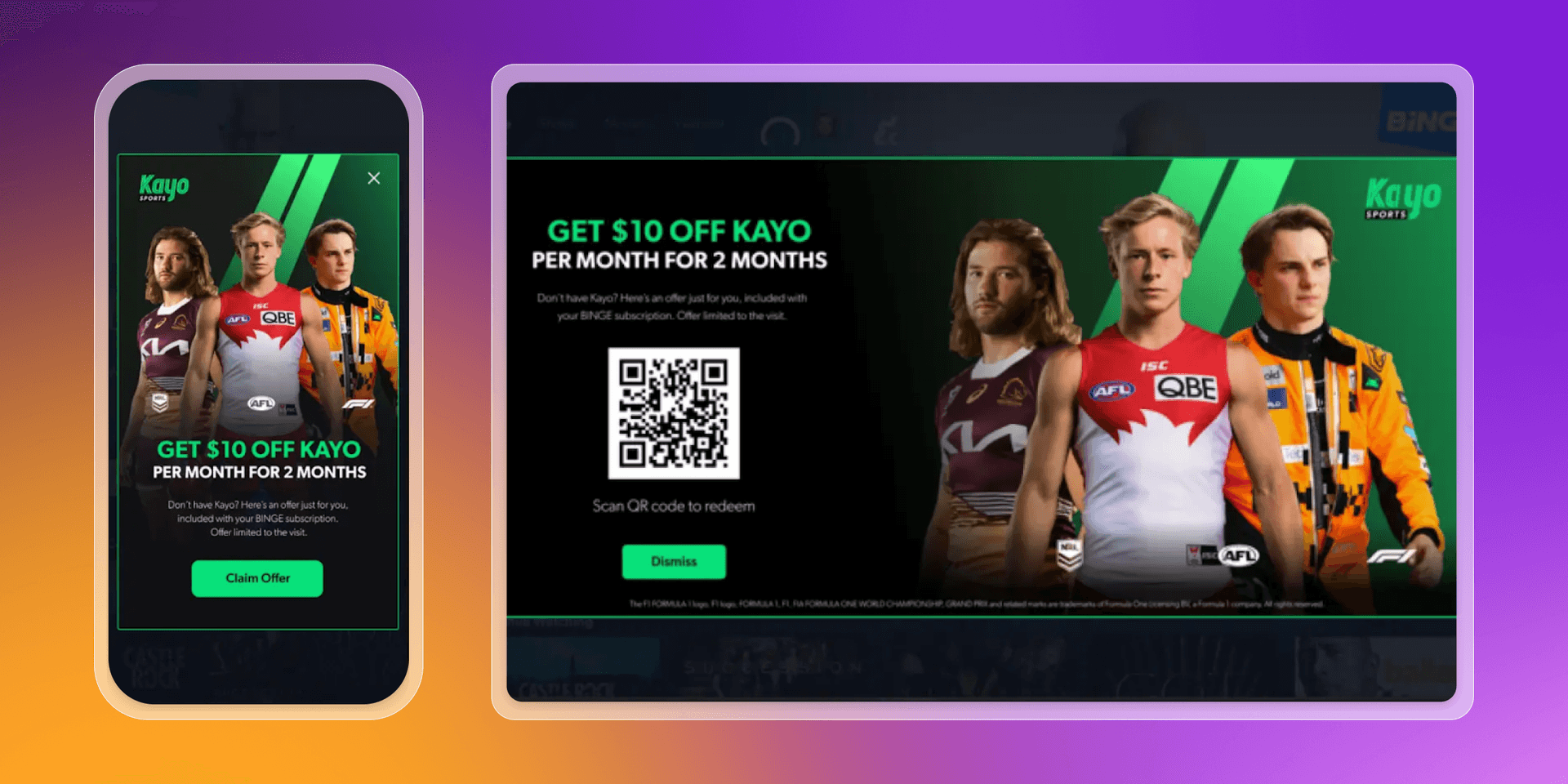 Kayo Sports ad offering $10 off per month for 2 months, displayed on a phone and desktop, featuring three athletes and a QR code.