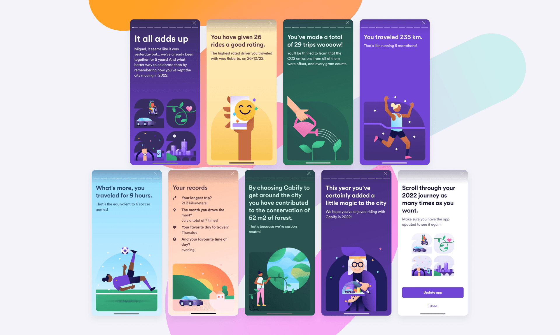9 écrans présentant les messages récapitulatifs de Cabify