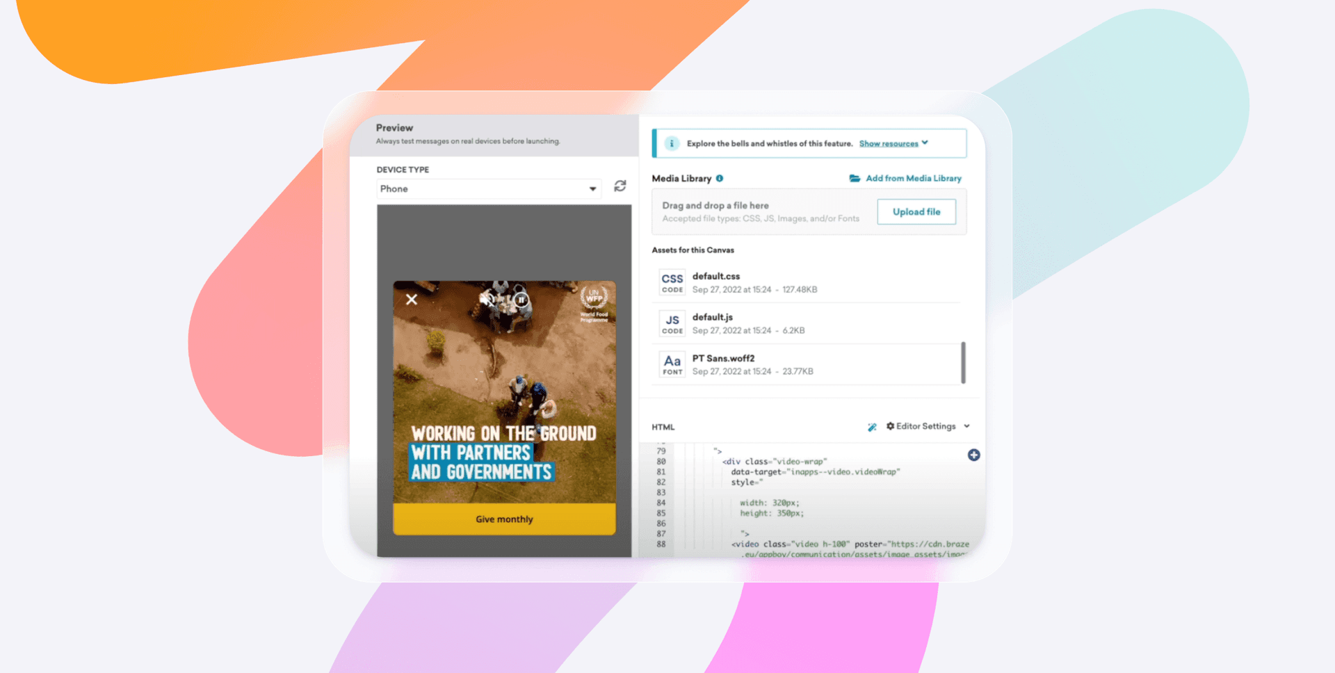 Software interface displaying a mobile ad preview, a media library, and an HTML code editor.