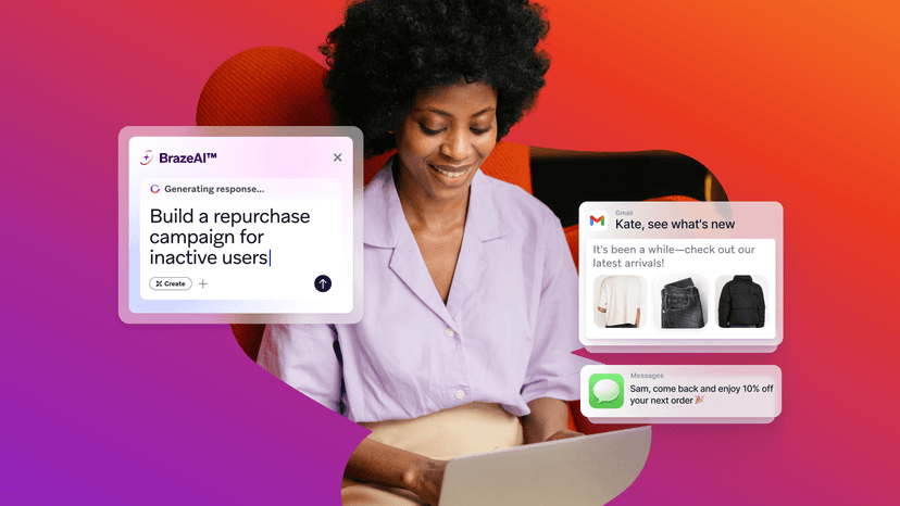 Smiling woman using a laptop, with BrazeAI generating a repurchase campaign. Digital notifications show an email with product recommendations and an SMS discount offer.