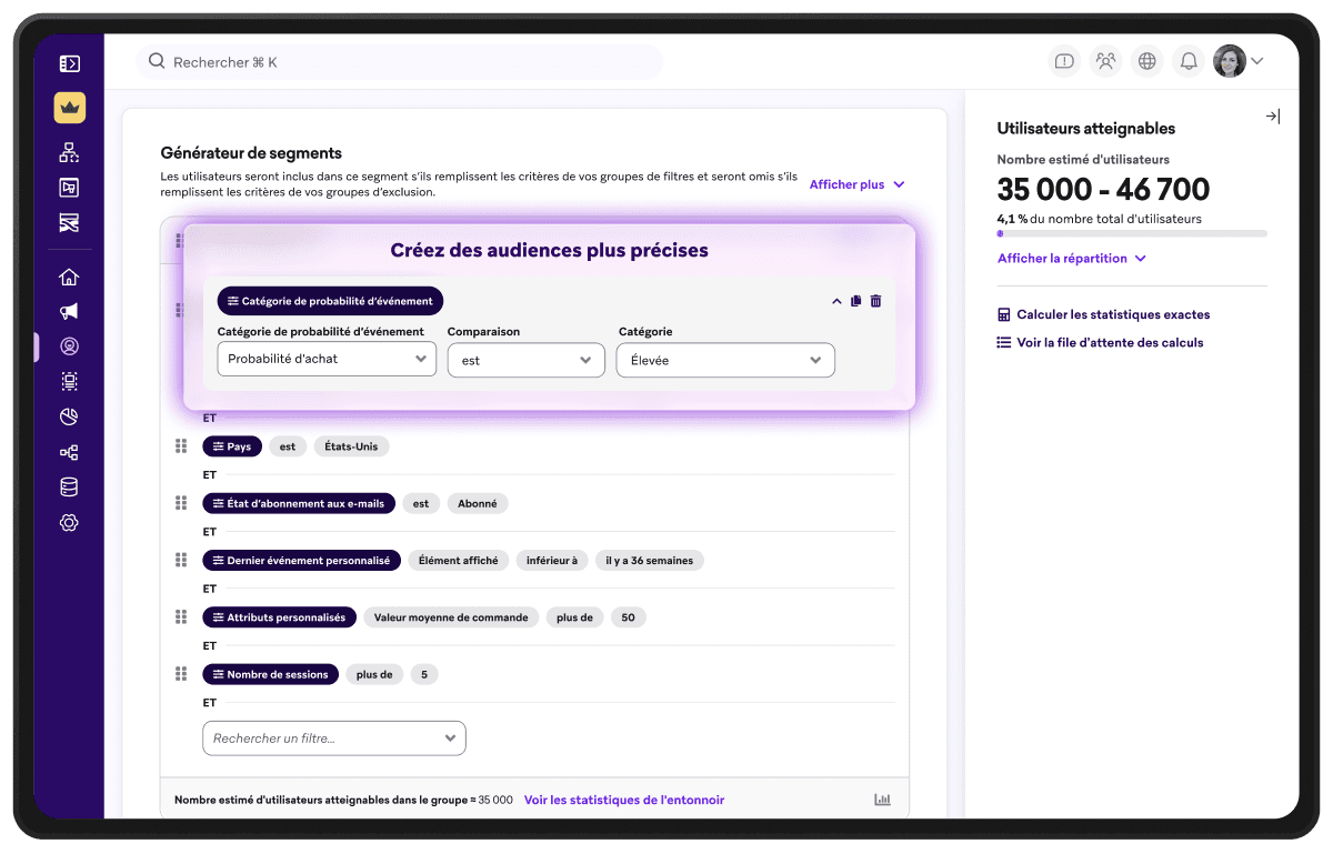 La page du tableau de bord du générateur de segments