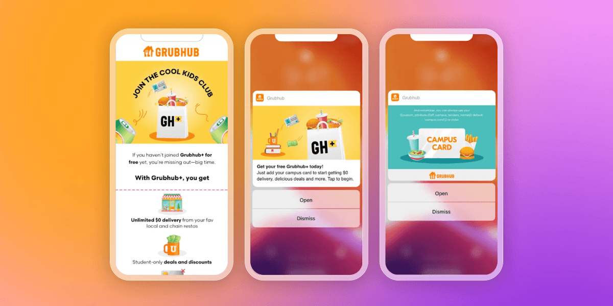 Three smartphone screens display Grubhub app promotions for students, highlighting Grubhub+ and free delivery with a campus card.