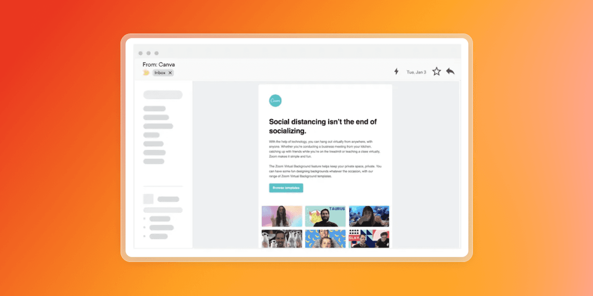A laptop screen displays a Canva email promoting virtual backgrounds for online socializing, showing six small preview images of people using them.